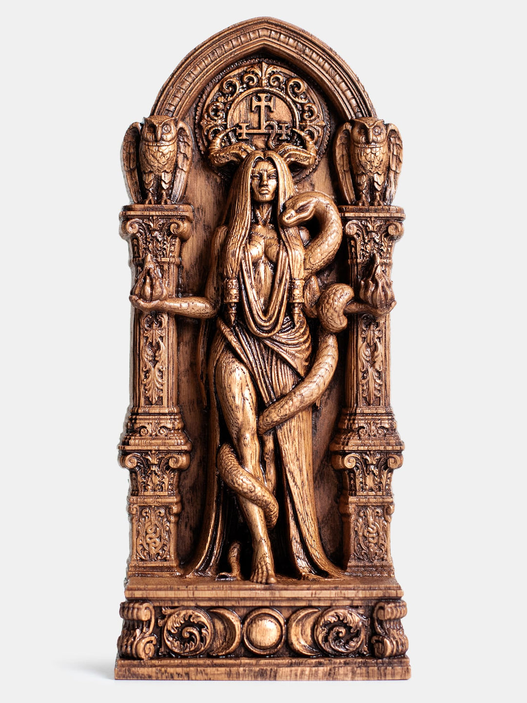 Lilith statue featuring Lilith Sigil, serpent, owls and moon phases inspired by occult traditions and divine feminine symbolism.