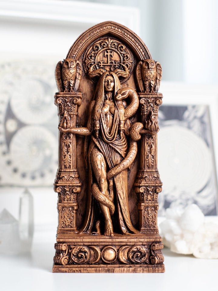 Handcrafted Lilith wooden wall hanging with Gothic arch, sacred flame and Lilith altar symbolism for witchcraft and planetary magick.