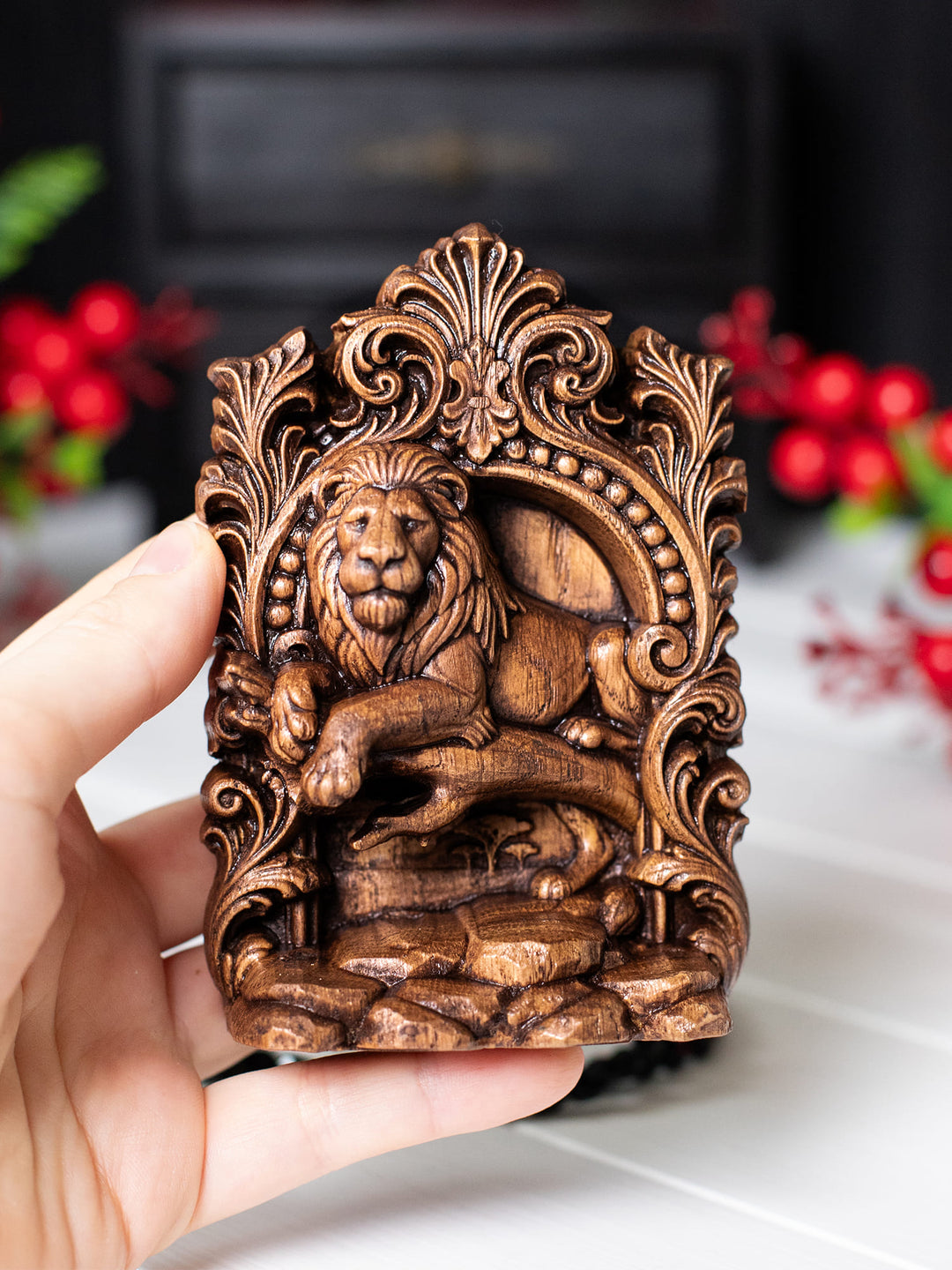 Lion Statue – Wooden Lion Spirit Animal & Guardian Figurine