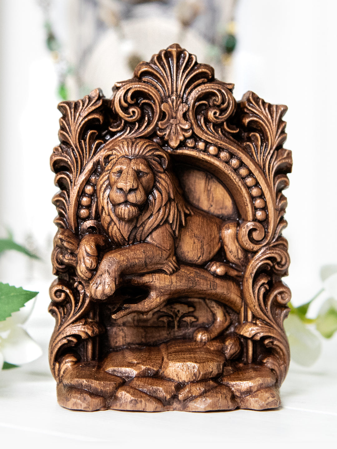Lion Statue – Wooden Lion Spirit Animal & Guardian Figurine