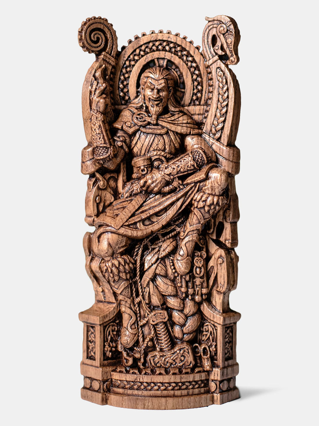 Handcrafted Loki statue with sly smile, sitting on treasures, holding horn and fire, with Sleipnir arch and Fenrir columns.