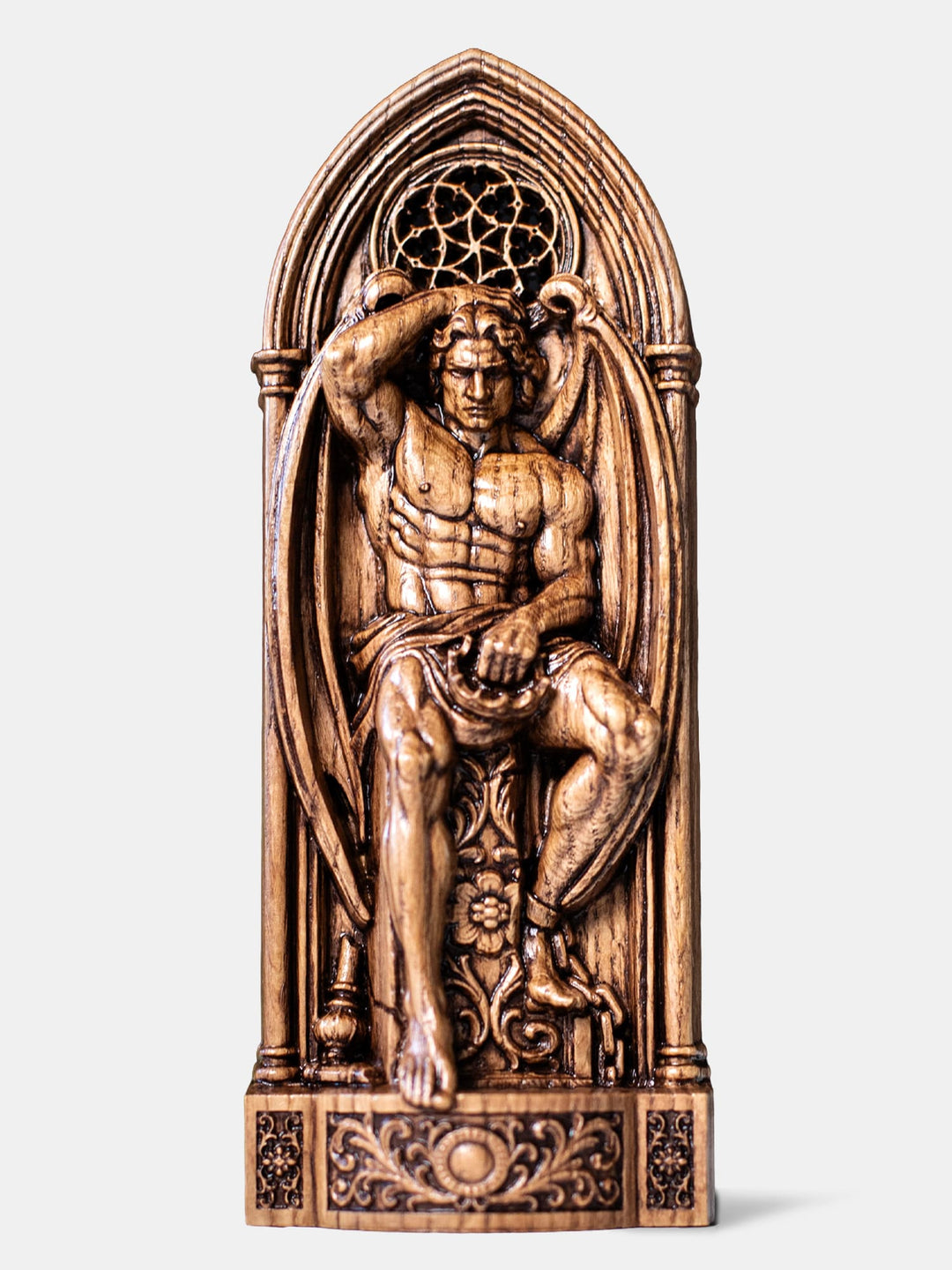Handcrafted Lucifer statue depicting the fallen angel seated on gothic ruins with wings and broken mace