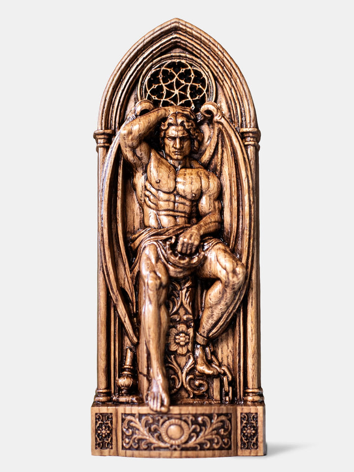 Handcrafted Lucifer statue depicting the fallen angel seated on gothic ruins with wings and broken mace