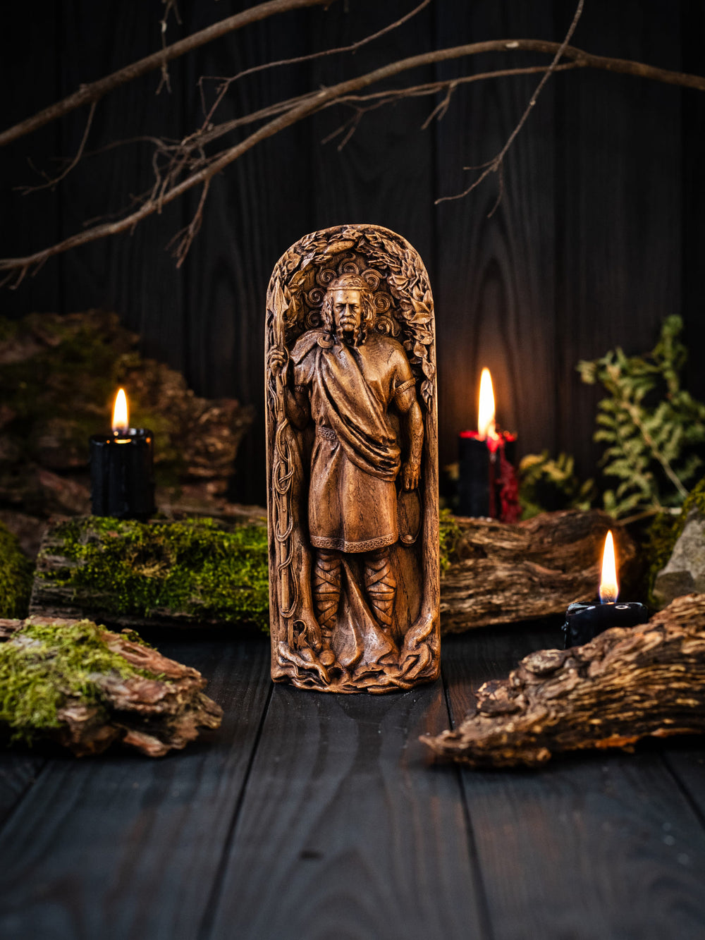Full view of the Lug statue from the front, highlighting its dimensions and intricate design, capturing the essence of Lug’s divine attributes.