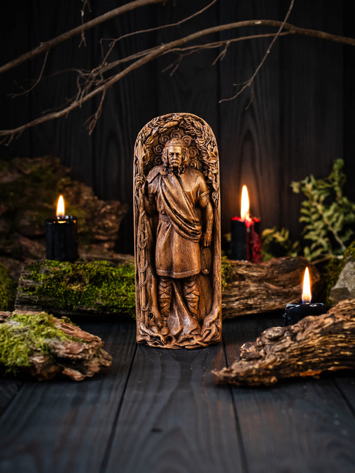 Full view of the Lug statue from the front, highlighting its dimensions and intricate design, capturing the essence of Lug’s divine attributes.