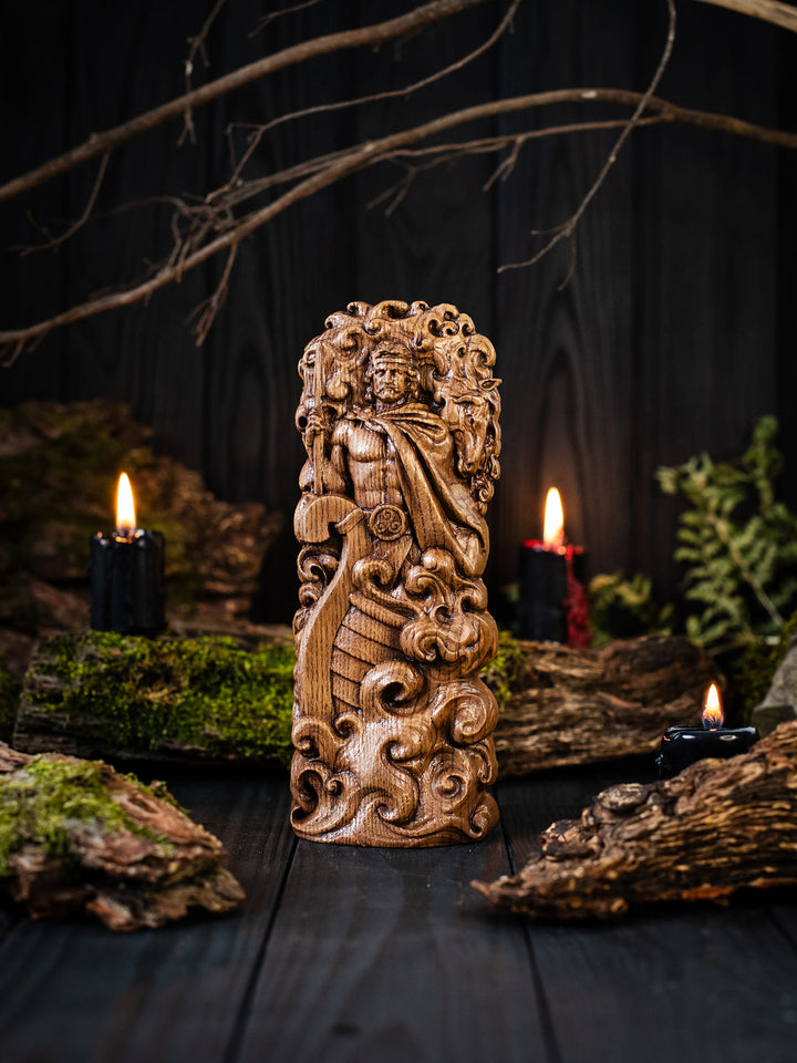 Full view of the Manannan Mac Lir statue from the front, highlighting its dimensions and intricate design, capturing the essence of his divine attributes.