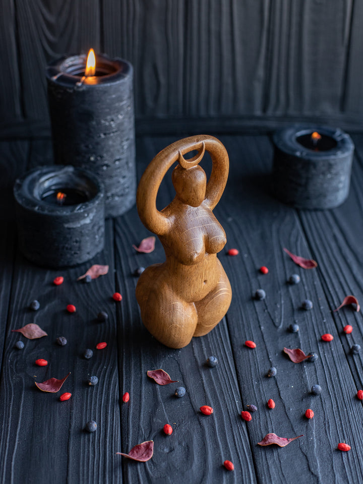 Moon Goddess Wooden Statue: Minimalist Deity
