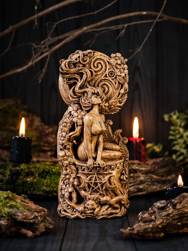  Full view of the Moon Goddess statue from the front, highlighting its dimensions and intricate design with the triple moon symbol in the center.