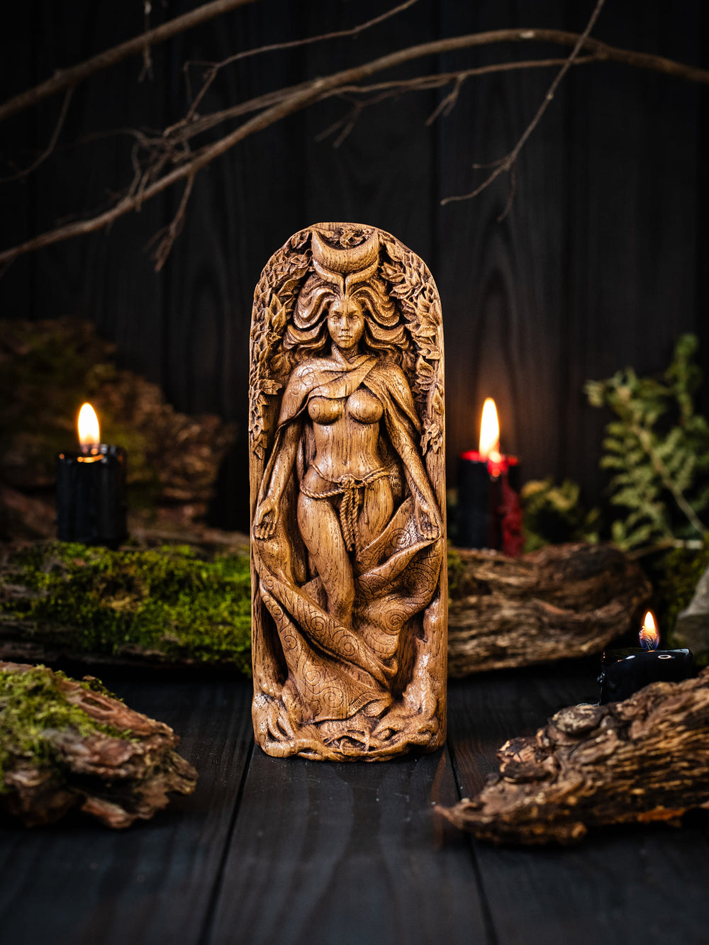 Full view of the Moon Goddess statue from the front, highlighting its dimensions and intricate design with her palms turned towards us.