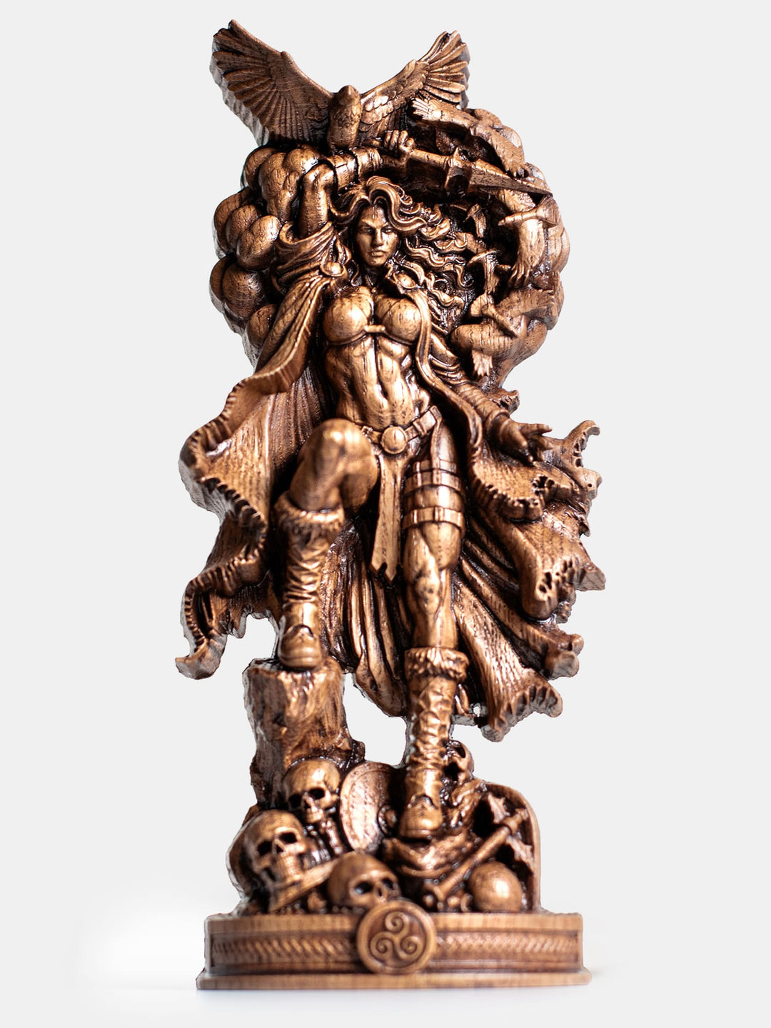 Morrigan statue featuring raven, sword and battlefield symbolism inspired by Irish mythology and Celtic pagan traditions.