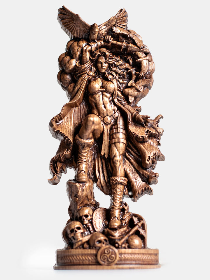 Morrigan statue featuring raven, sword and battlefield symbolism inspired by Irish mythology and Celtic pagan traditions.