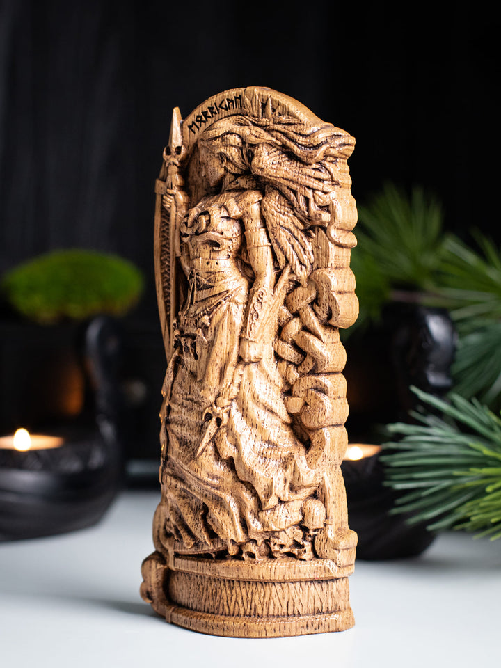 Goddess Morrigan. Wooden statue of Celtic Goddess Morrigu