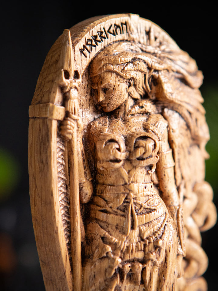 Goddess Morrigan. Wooden statue of Celtic Goddess Morrigu