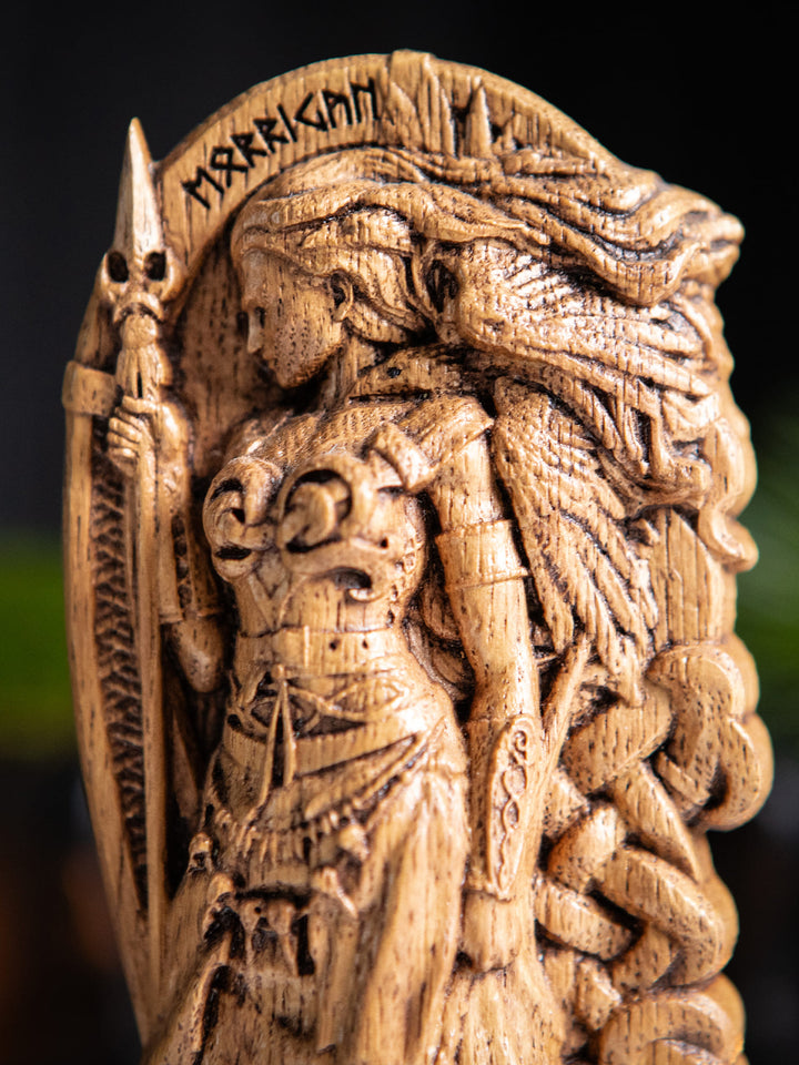 Goddess Morrigan. Wooden statue of Celtic Goddess Morrigu