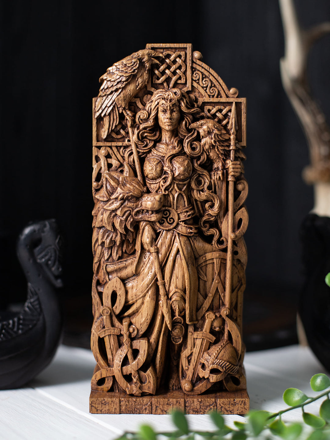 Morrigan Statue - Celtic Goddess with Cross, Spears, and Wolf