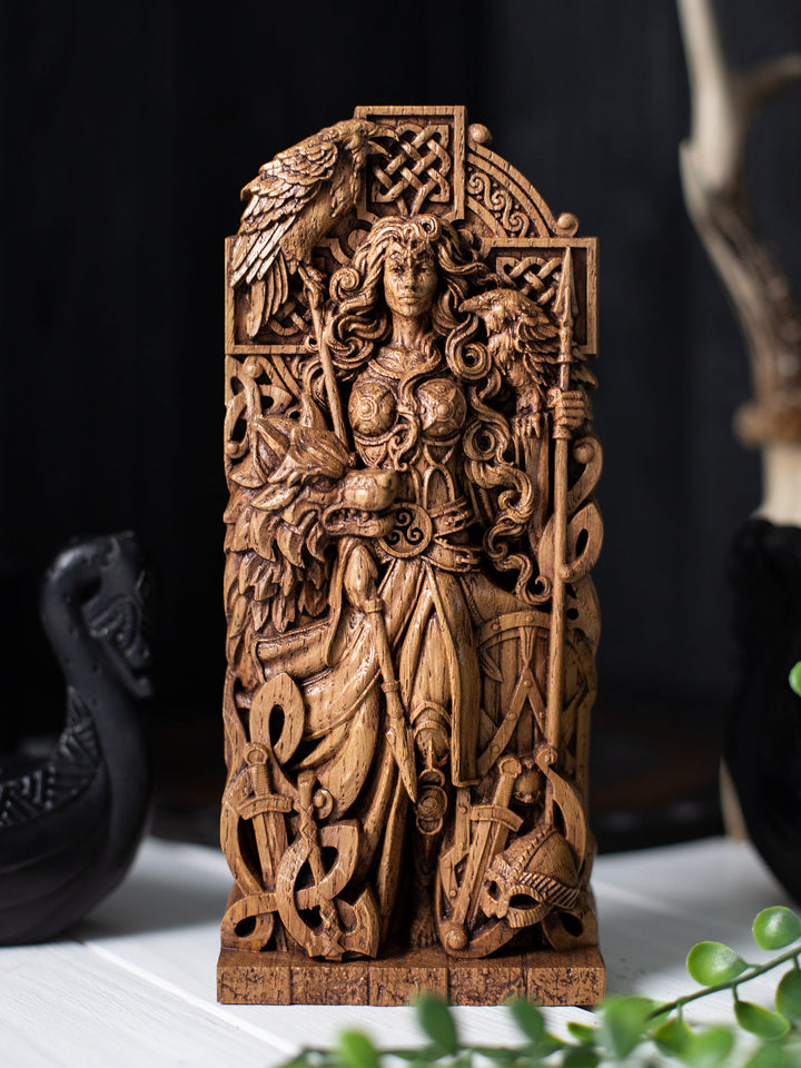 Morrigan Statue - Celtic Goddess with Cross, Spears, and Wolf