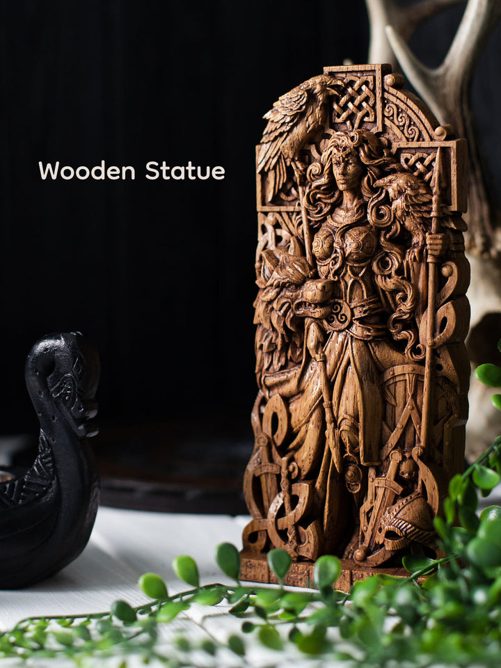 Morrigan Statue - Celtic Goddess with Cross, Spears, and Wolf