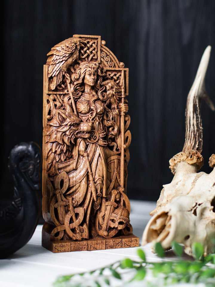 Morrigan Statue - Celtic Goddess with Cross, Spears, and Wolf