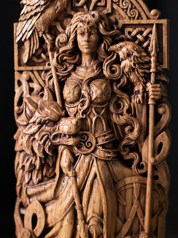 Morrigan Statue - Celtic Goddess with Cross, Spears, and Wolf