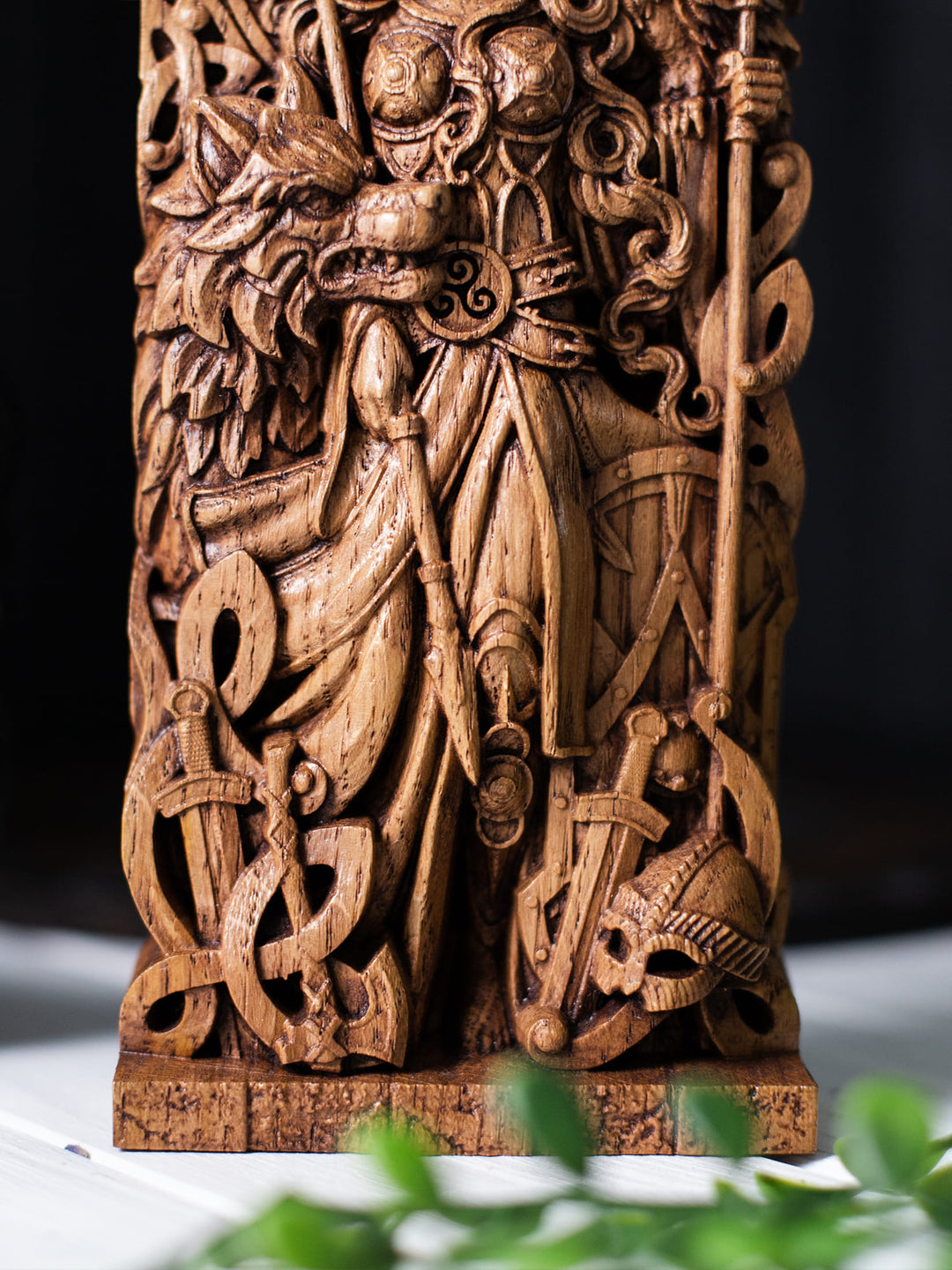 Morrigan Statue - Celtic Goddess with Cross, Spears, and Wolf