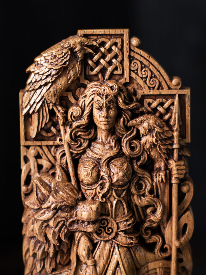 Morrigan Statue - Celtic Goddess with Cross, Spears, and Wolf