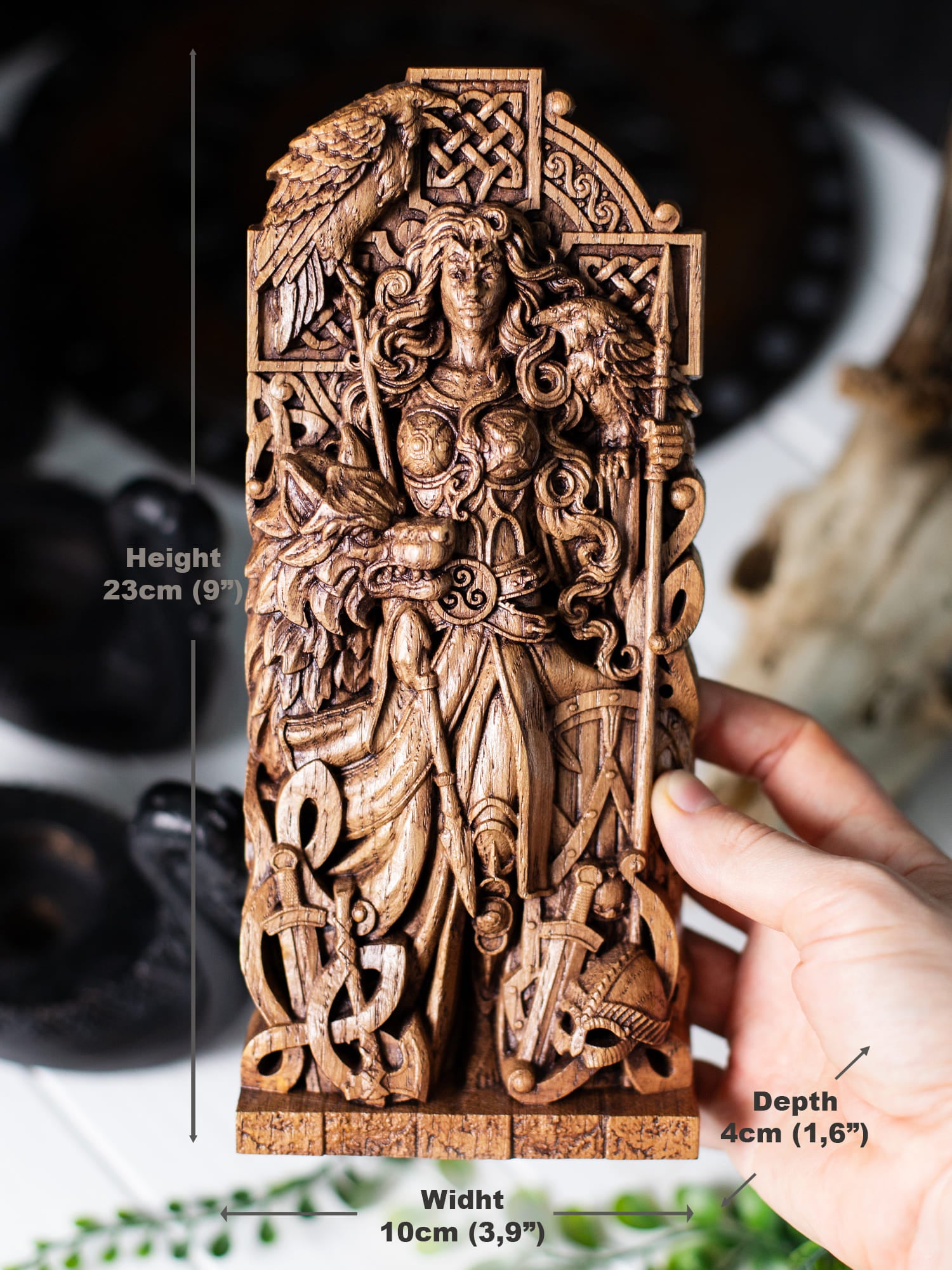 Morrigan Statue - Celtic Goddess with Cross, Spears, and Wolf