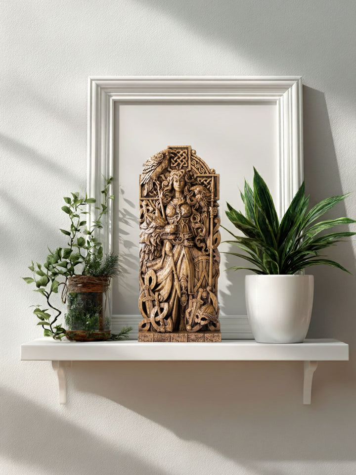 Morrigan Statue - Celtic Goddess with Cross, Spears, and Wolf