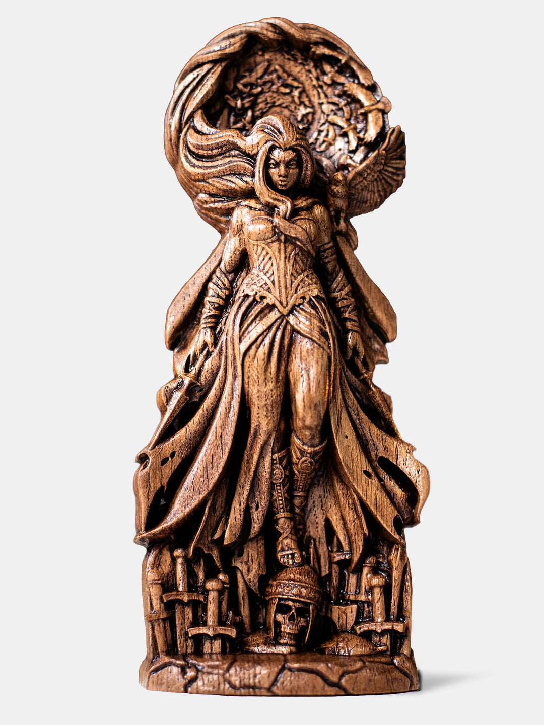 Handcrafted Morrigan statue levitating above battlefield with spears, wind-swept dress, and hair transforming into ravens.