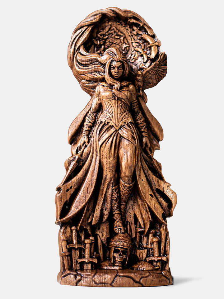 Handcrafted Morrigan statue levitating above battlefield with spears, wind-swept dress, and hair transforming into ravens.