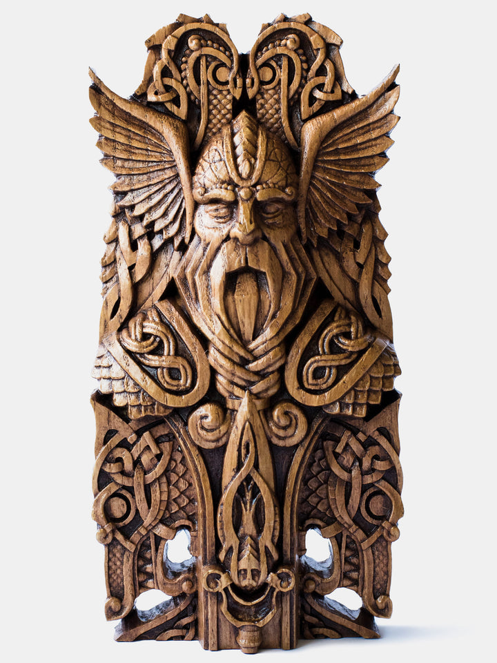 Close-up of the handcrafted oak Odin bust, showcasing the Norse All-Father with detailed Nordic knotwork.
