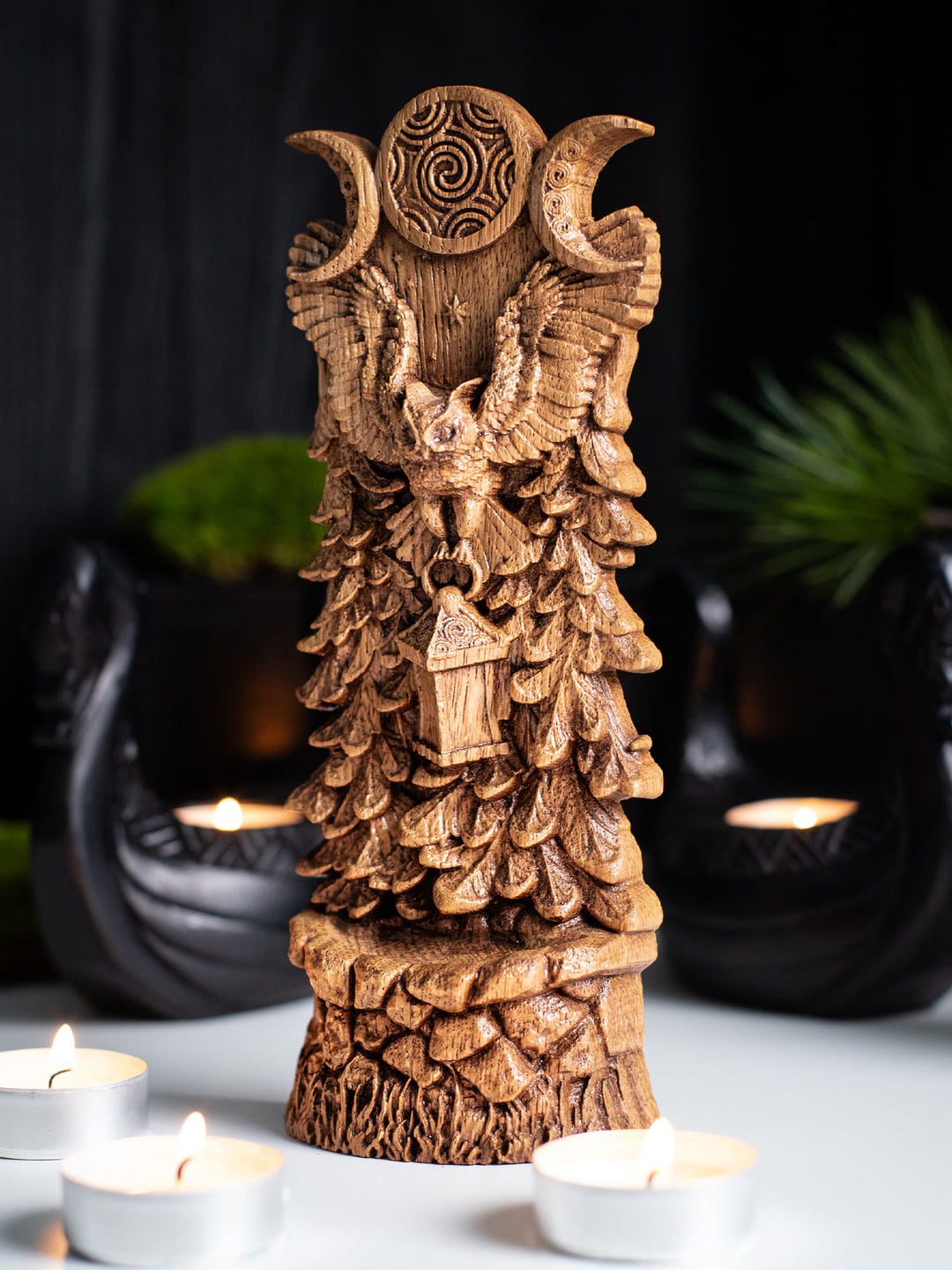 Hecate's Owl Wooden Statue: Wisdom and Light