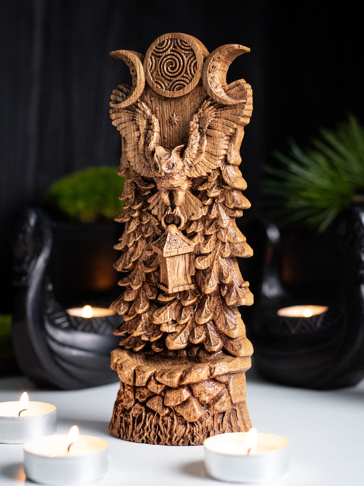 Hecate's Owl Wooden Statue: Wisdom and Light