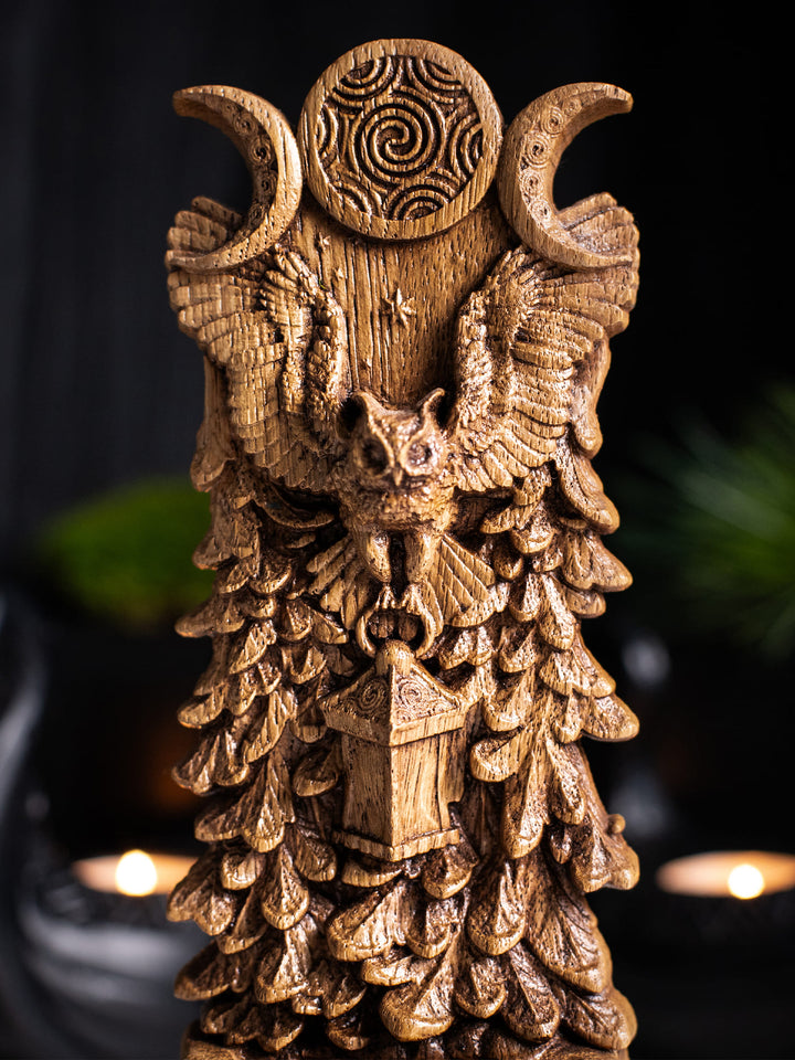 Hecate's Owl Wooden Statue: Wisdom and Light