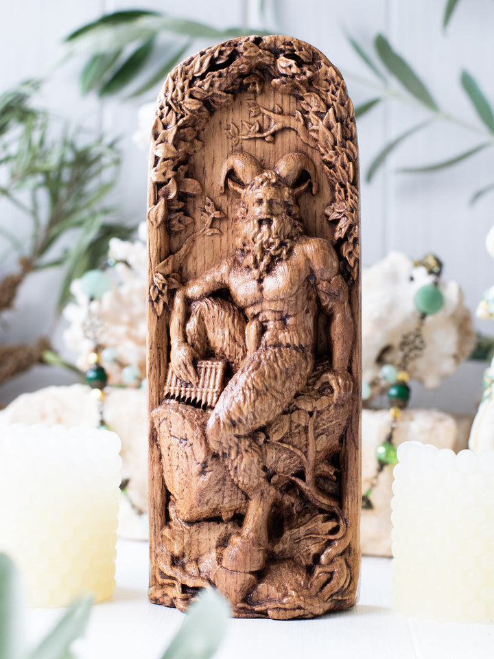 Full view of the Pan statue from the front, highlighting its dimensions and intricate design capturing the wild essence of Pan.