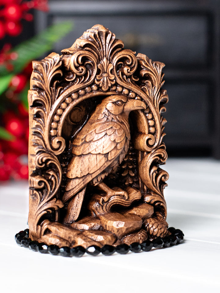 Raven Totem Statue – Crow Spirit Wooden Raven Figurine