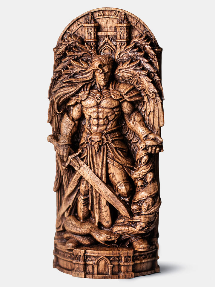 Hand carved Samael fallen angel statue in natural oak wood for occult altar and gothic home decor.