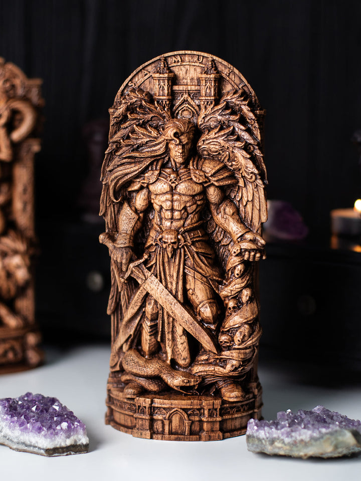 Wooden Samael sculpture with antique finish, handmade fallen angel statue for shadow work and occult collection.