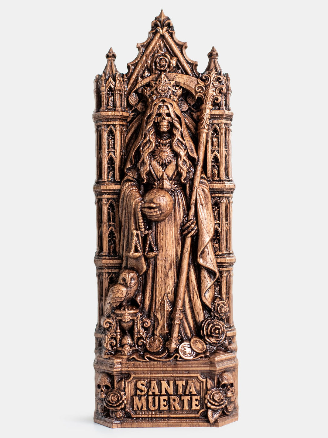 Hand carved Santa Muerte wooden statue for Holy Death altar, gothic decor, and memento mori collection.