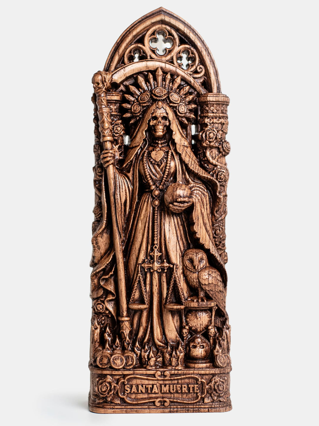 Hand carved Santa Muerte altar statue in oak wood for Holy Death devotion, gothic home decor, and witchy sacred space.