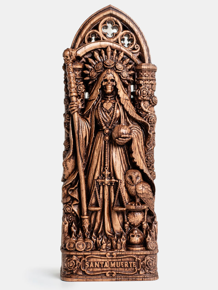 Hand carved Santa Muerte altar statue in oak wood for Holy Death devotion, gothic home decor, and witchy sacred space.