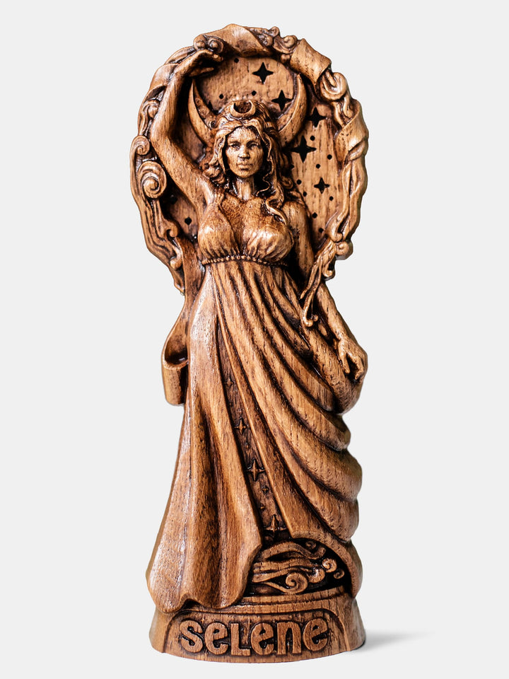 Handcrafted Lady Selene statue levitating with star-pierced sky, moon halo, and celestial gown