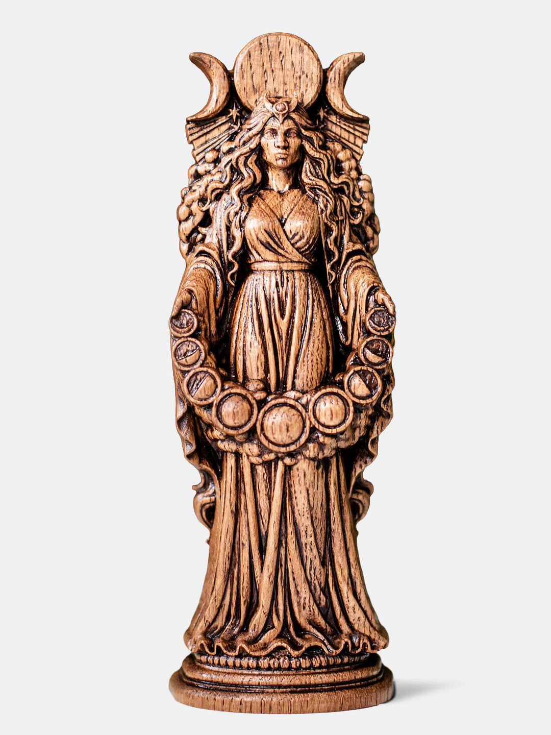 Handcrafted Selene statue with triple moon backdrop, cascading star rays, and moon phases forming an arch from her hands