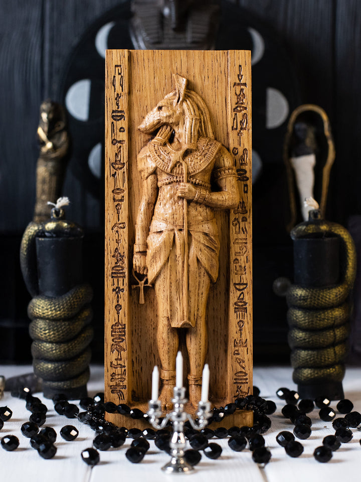 Full view of the Set statue from the front, highlighting its dimensions and intricate design featuring the ankh and was-scepter.