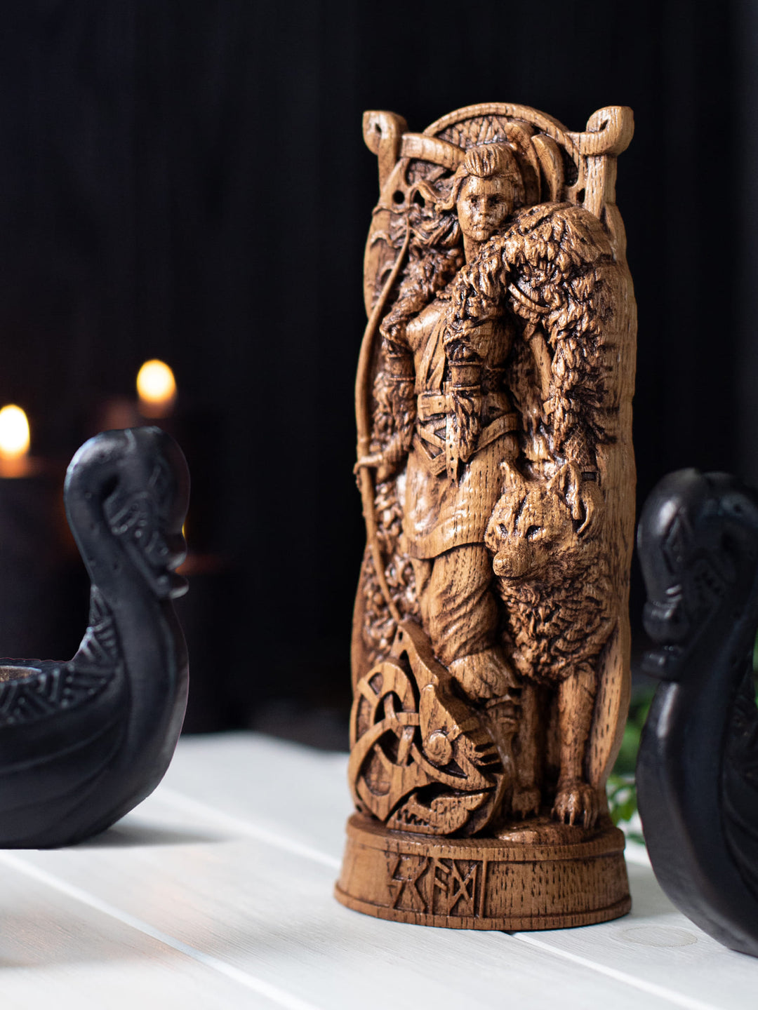 Skadi Statuette - Norse Goddess with Bow, Skis, and Wolf