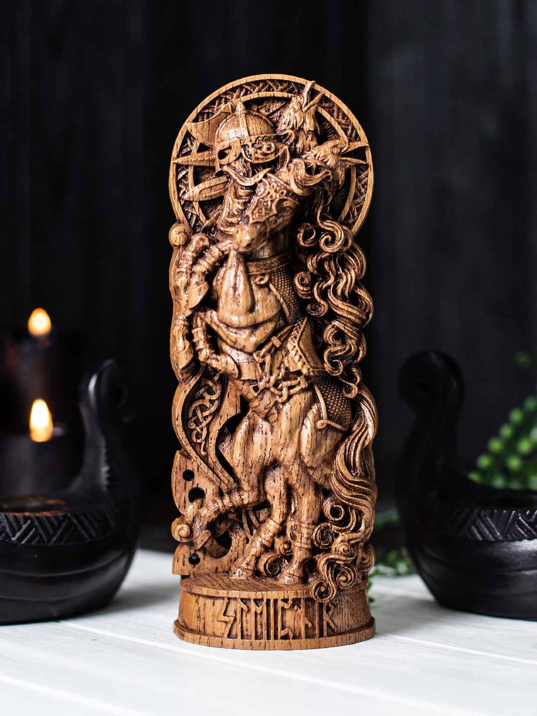 Sleipnir Wooden Figurine - Handcrafted Oak Statue with Odin and Ravens
