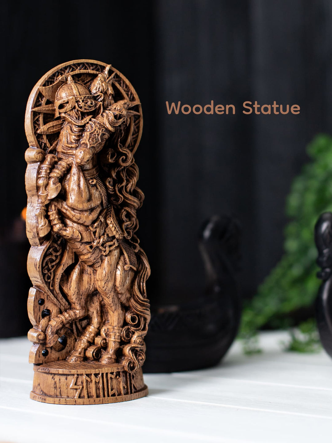 Sleipnir Wooden Figurine - Handcrafted Oak Statue with Odin and Ravens