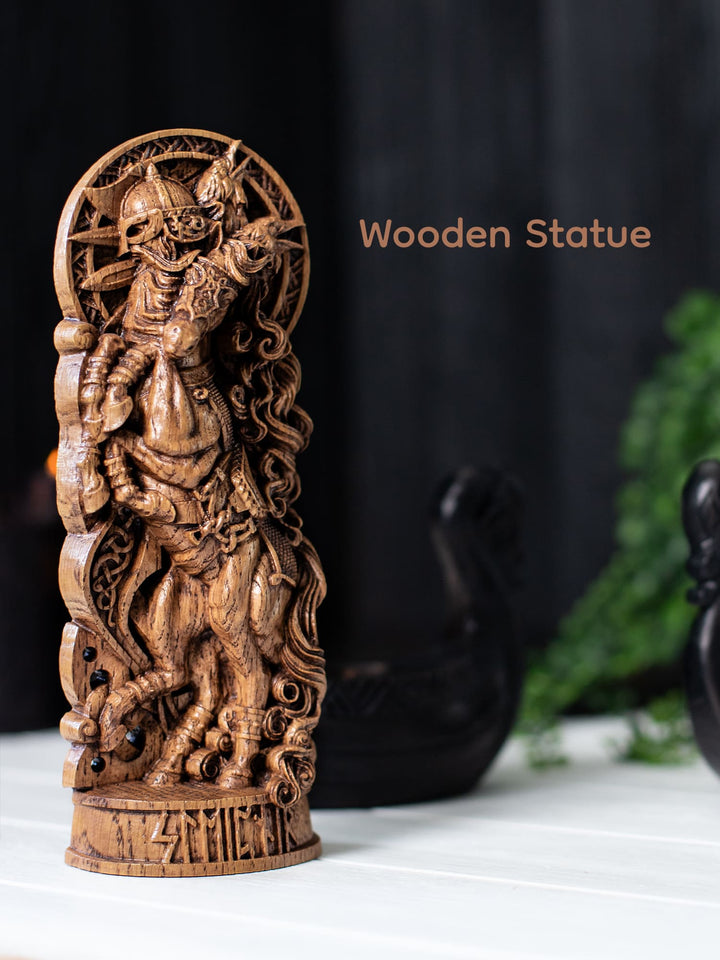 Sleipnir Wooden Figurine - Handcrafted Oak Statue with Odin and Ravens