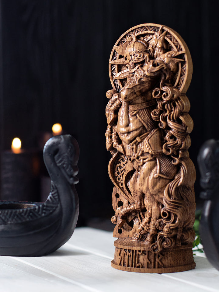 Sleipnir Wooden Figurine - Handcrafted Oak Statue with Odin and Ravens