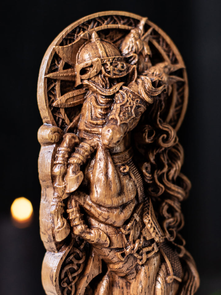 Sleipnir Wooden Figurine - Handcrafted Oak Statue with Odin and Ravens