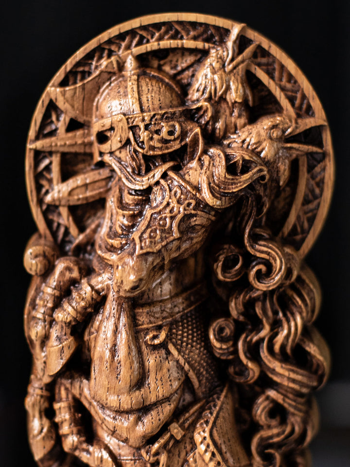 Sleipnir Wooden Figurine - Handcrafted Oak Statue with Odin and Ravens